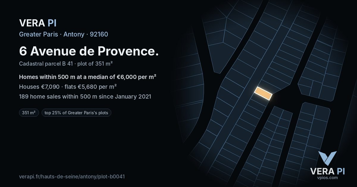 6 Avenue de Provence, Antony at night – the plot lit, the parcels around coloured by the prices near them