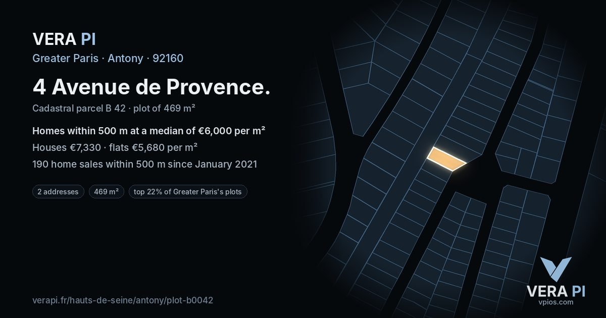 4 Avenue de Provence, Antony at night – the plot lit, the parcels around coloured by the prices near them