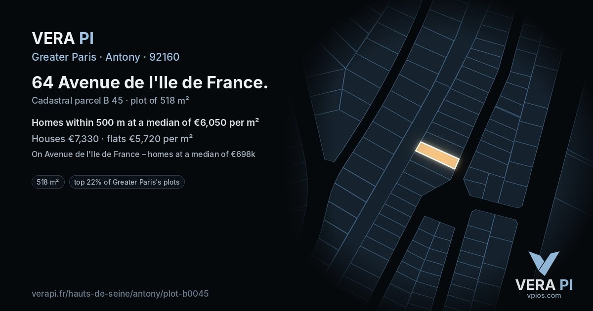 64 Avenue de l'Ile de France, Antony at night – the plot lit, the parcels around coloured by the prices near them