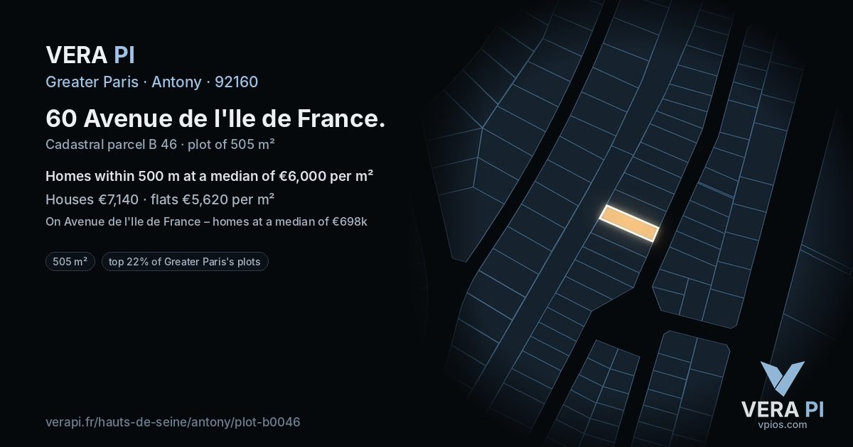 60 Avenue de l'Ile de France, Antony at night – the plot lit, the parcels around coloured by the prices near them