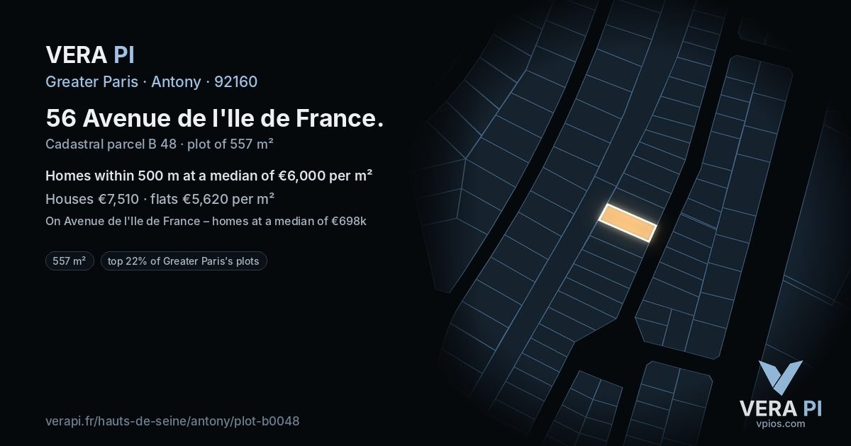 56 Avenue de l'Ile de France, Antony at night – the plot lit, the parcels around coloured by the prices near them