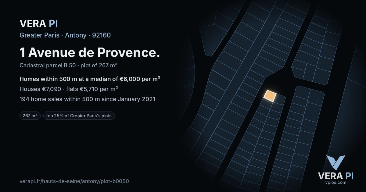 1 Avenue de Provence, Antony at night – the plot lit, the parcels around coloured by the prices near them