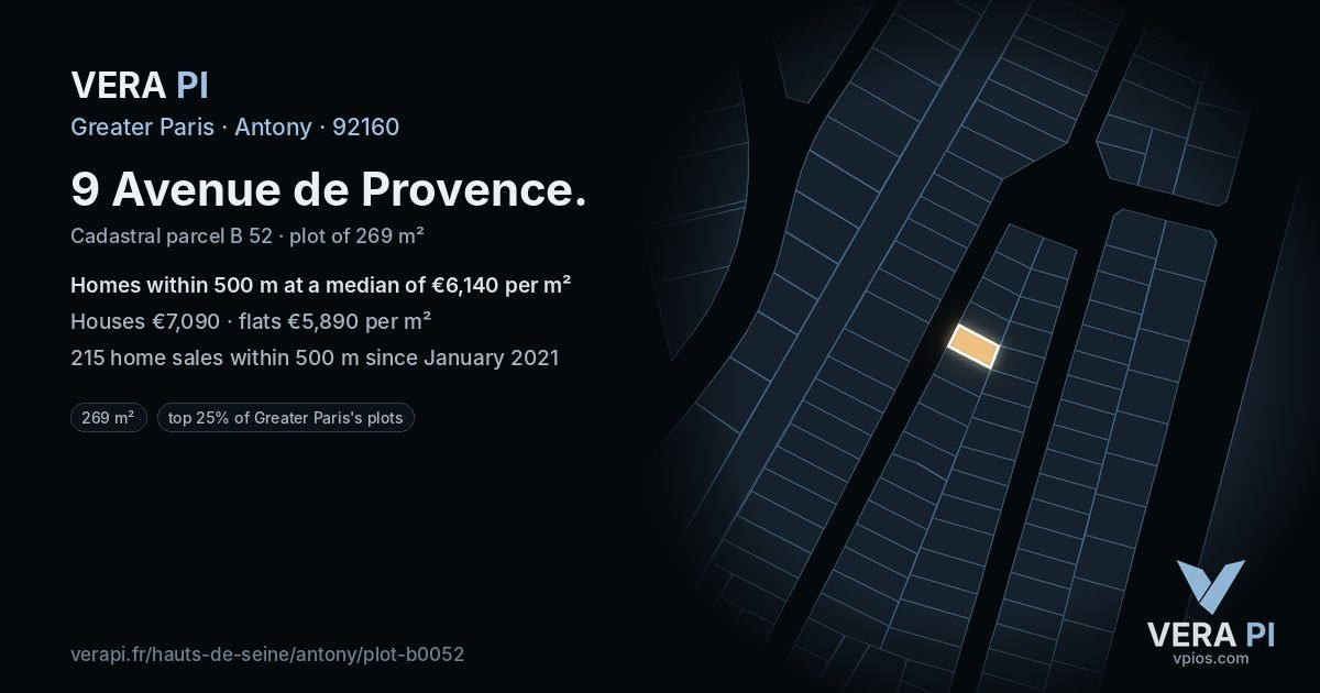 9 Avenue de Provence, Antony at night – the plot lit, the parcels around coloured by the prices near them