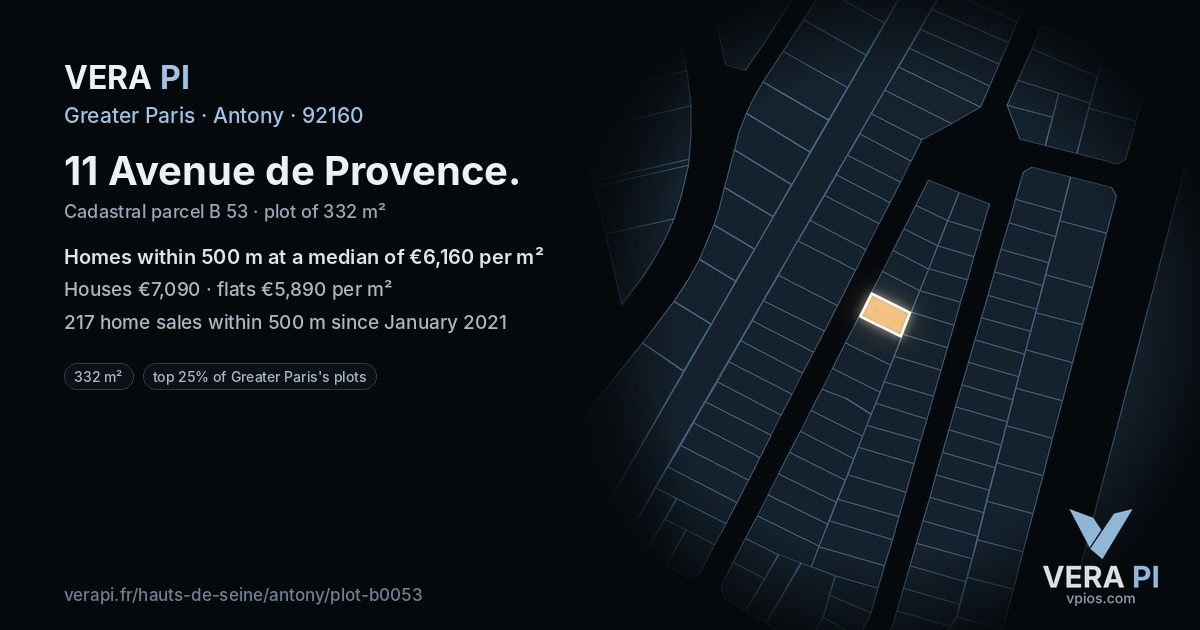 11 Avenue de Provence, Antony at night – the plot lit, the parcels around coloured by the prices near them