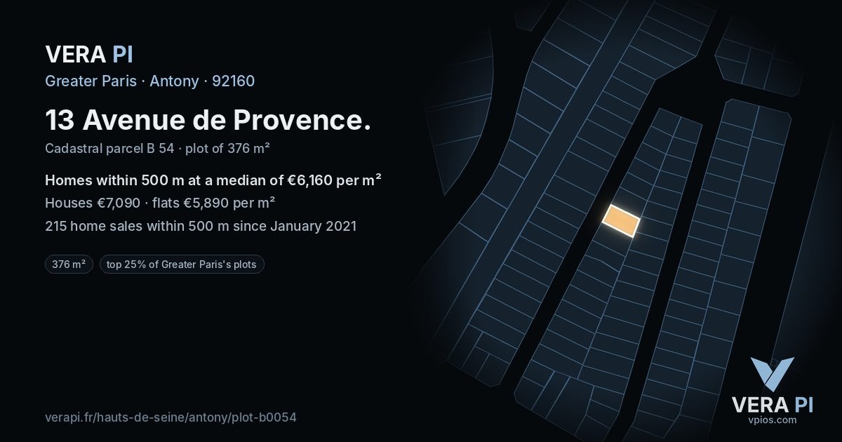 13 Avenue de Provence, Antony at night – the plot lit, the parcels around coloured by the prices near them