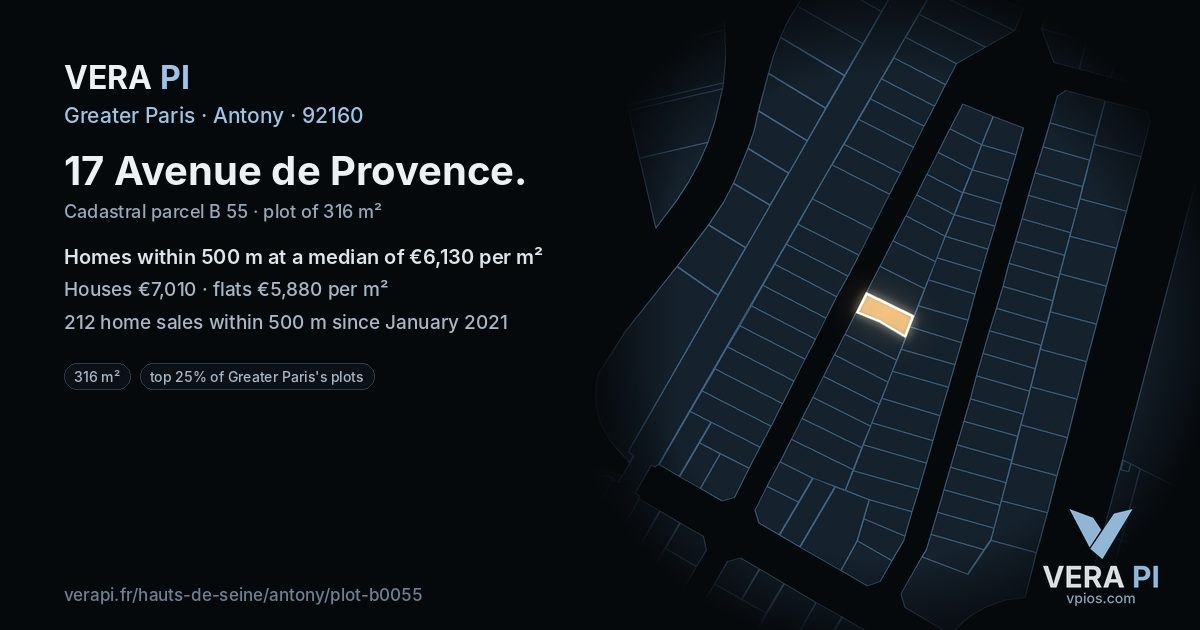 17 Avenue de Provence, Antony at night – the plot lit, the parcels around coloured by the prices near them