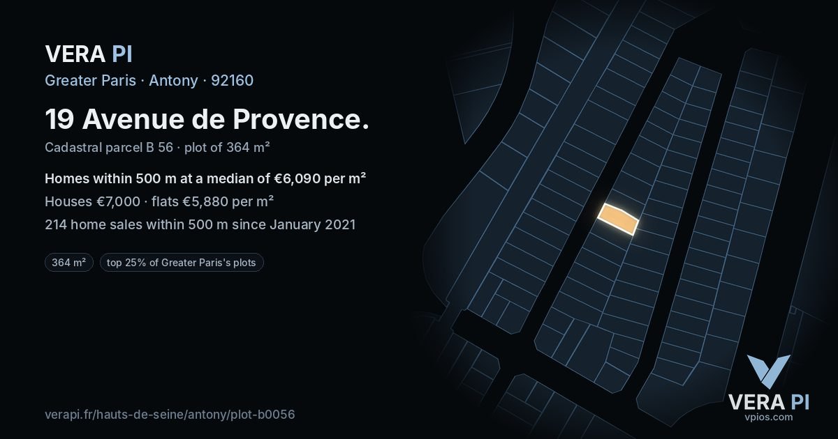 19 Avenue de Provence, Antony at night – the plot lit, the parcels around coloured by the prices near them