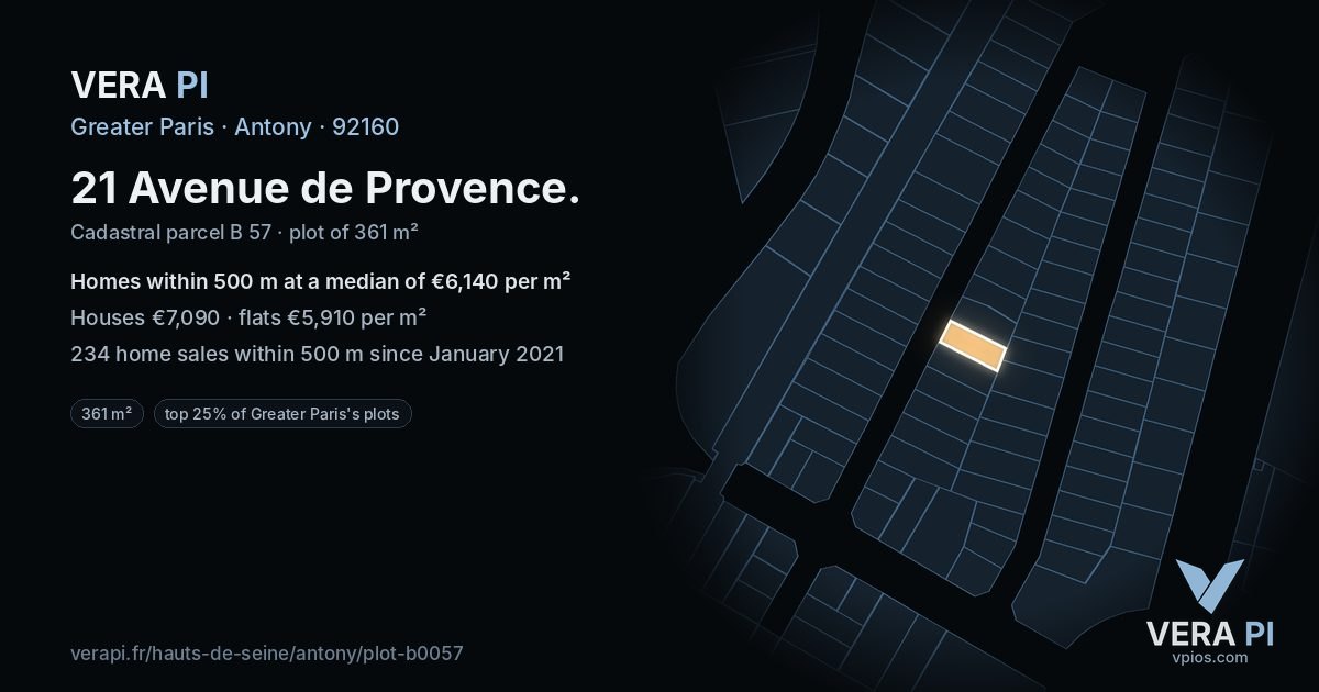 21 Avenue de Provence, Antony at night – the plot lit, the parcels around coloured by the prices near them