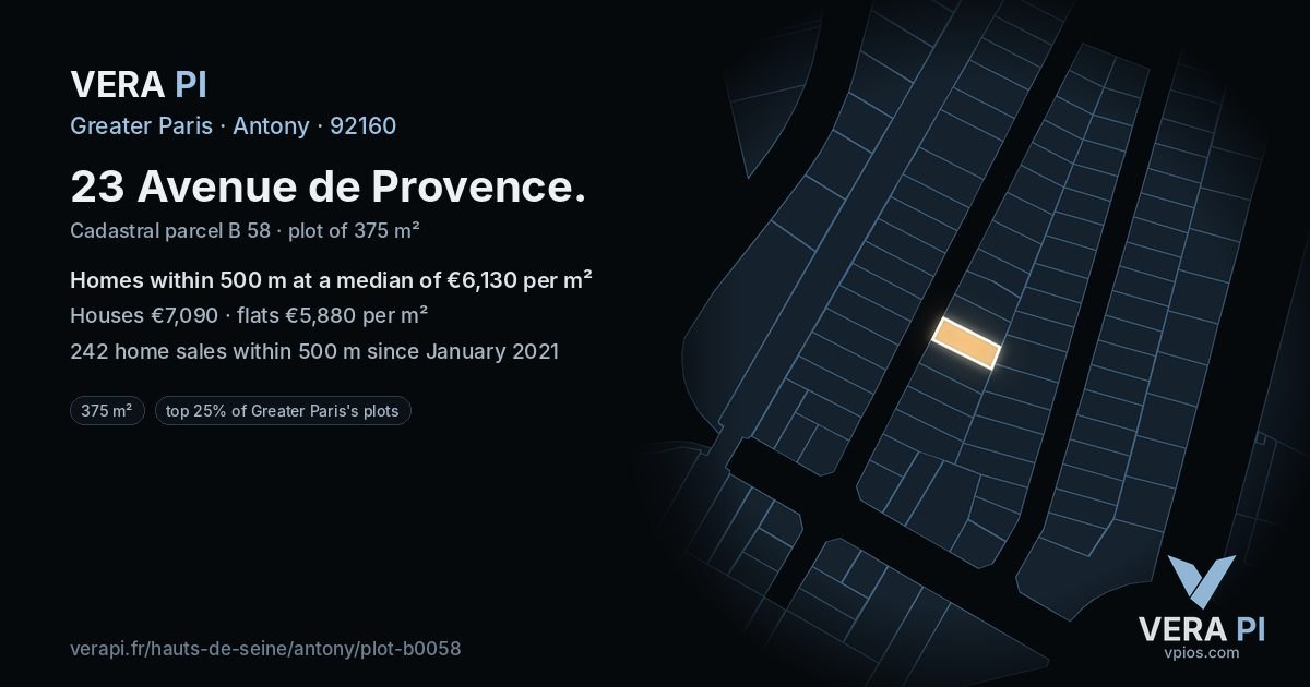 23 Avenue de Provence, Antony at night – the plot lit, the parcels around coloured by the prices near them