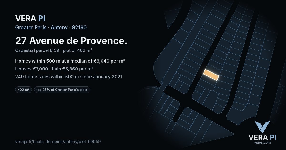 27 Avenue de Provence, Antony at night – the plot lit, the parcels around coloured by the prices near them
