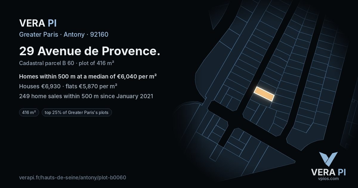 29 Avenue de Provence, Antony at night – the plot lit, the parcels around coloured by the prices near them