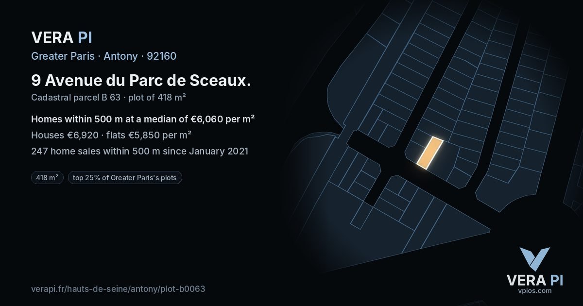 9 Avenue du Parc de Sceaux, Antony at night – the plot lit, the parcels around coloured by the prices near them