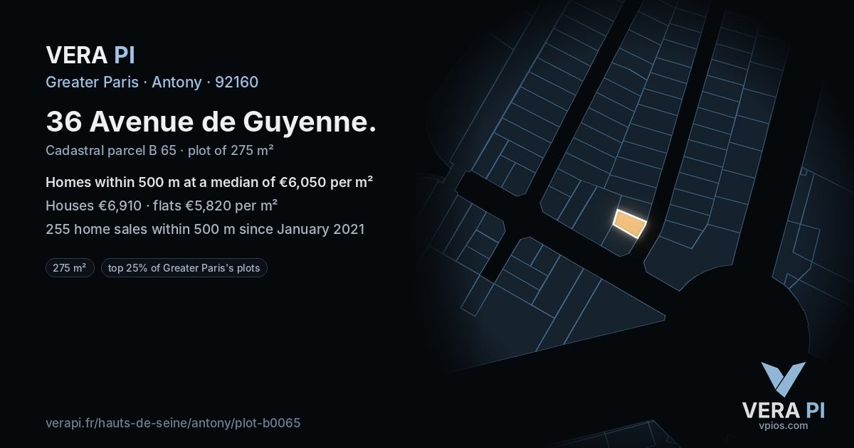 36 Avenue de Guyenne, Antony at night – the plot lit, the parcels around coloured by the prices near them