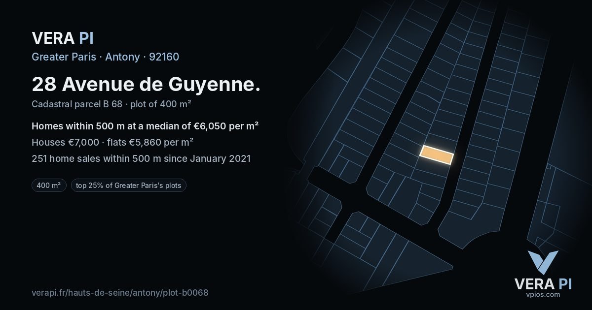 28 Avenue de Guyenne, Antony at night – the plot lit, the parcels around coloured by the prices near them