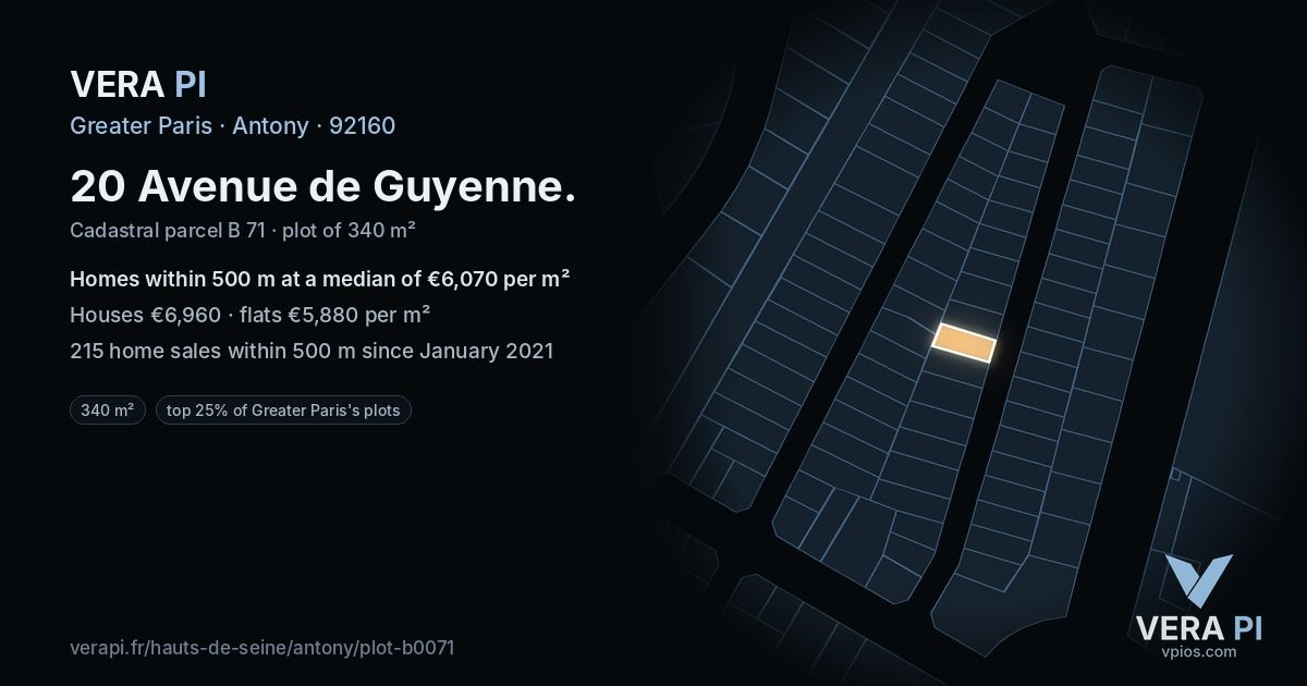 20 Avenue de Guyenne, Antony at night – the plot lit, the parcels around coloured by the prices near them