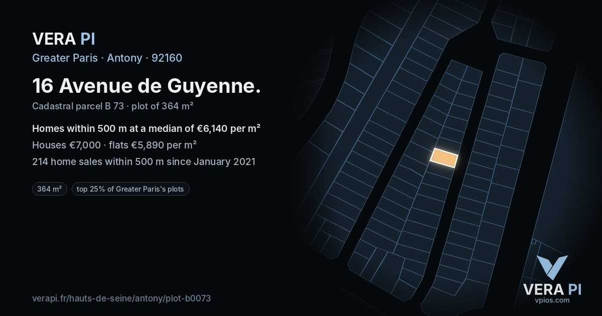 16 Avenue de Guyenne, Antony at night – the plot lit, the parcels around coloured by the prices near them