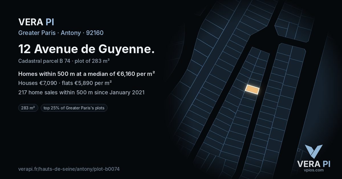 12 Avenue de Guyenne, Antony at night – the plot lit, the parcels around coloured by the prices near them