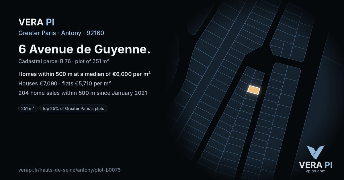6 Avenue de Guyenne, Antony at night – the plot lit, the parcels around coloured by the prices near them