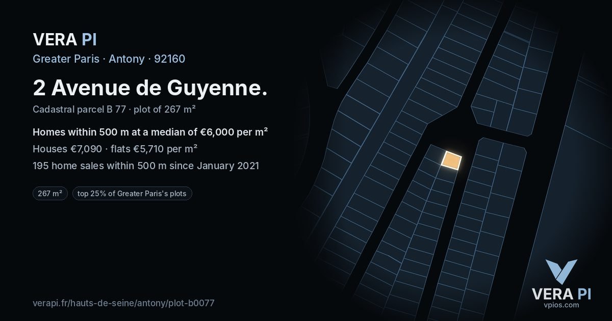 2 Avenue de Guyenne, Antony at night – the plot lit, the parcels around coloured by the prices near them