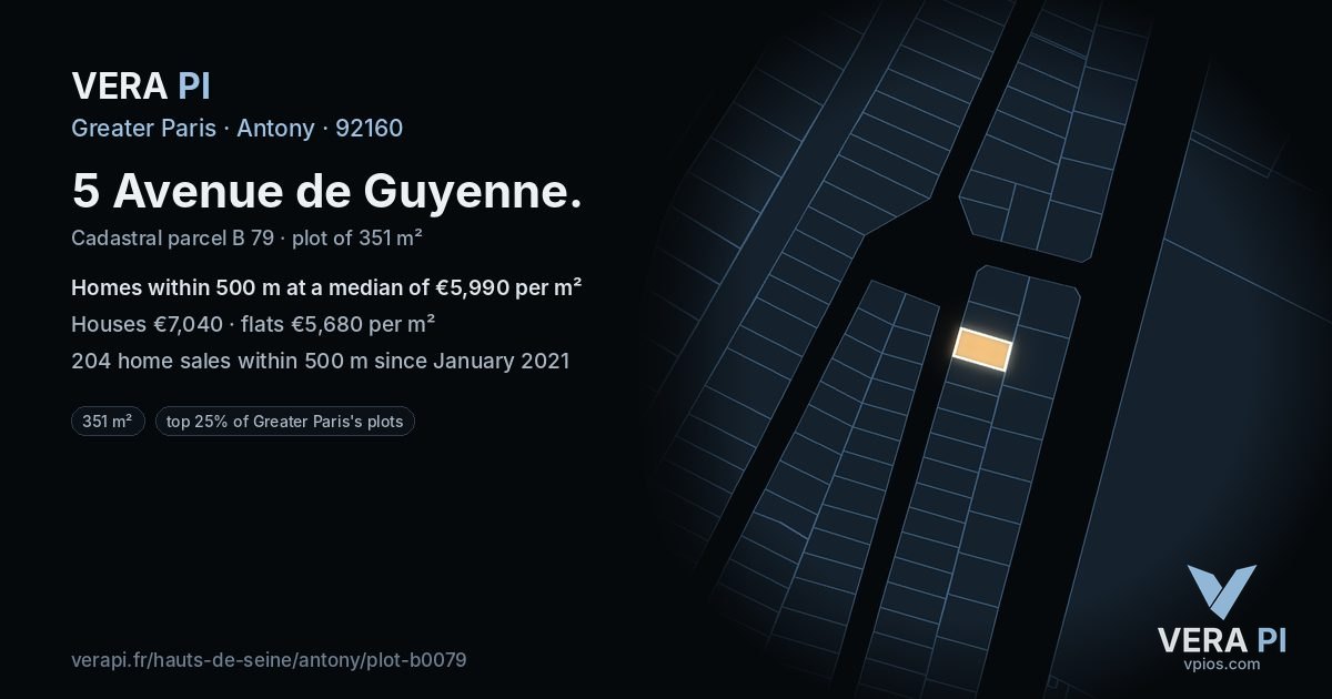 5 Avenue de Guyenne, Antony at night – the plot lit, the parcels around coloured by the prices near them