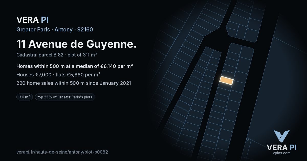 11 Avenue de Guyenne, Antony at night – the plot lit, the parcels around coloured by the prices near them
