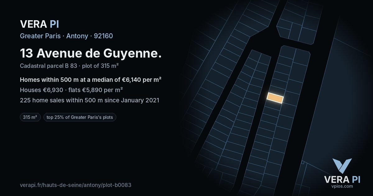 13 Avenue de Guyenne, Antony at night – the plot lit, the parcels around coloured by the prices near them