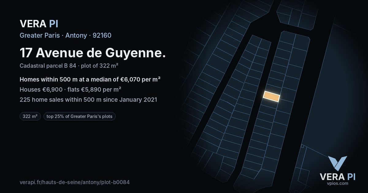 17 Avenue de Guyenne, Antony at night – the plot lit, the parcels around coloured by the prices near them