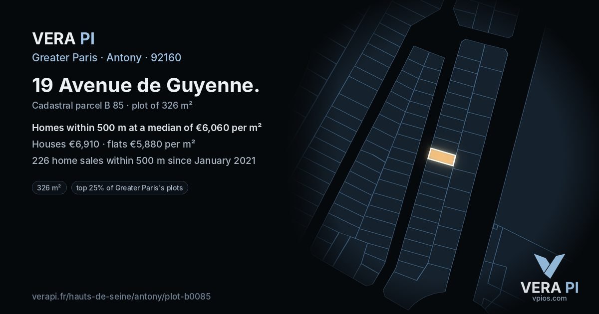 19 Avenue de Guyenne, Antony at night – the plot lit, the parcels around coloured by the prices near them