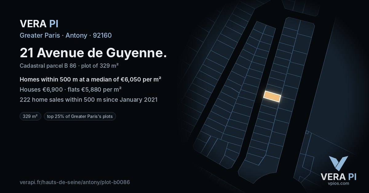 21 Avenue de Guyenne, Antony at night – the plot lit, the parcels around coloured by the prices near them