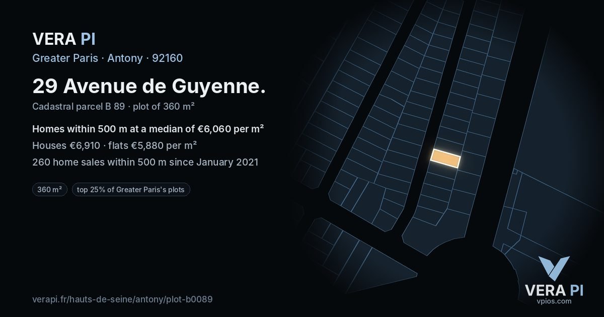 29 Avenue de Guyenne, Antony at night – the plot lit, the parcels around coloured by the prices near them