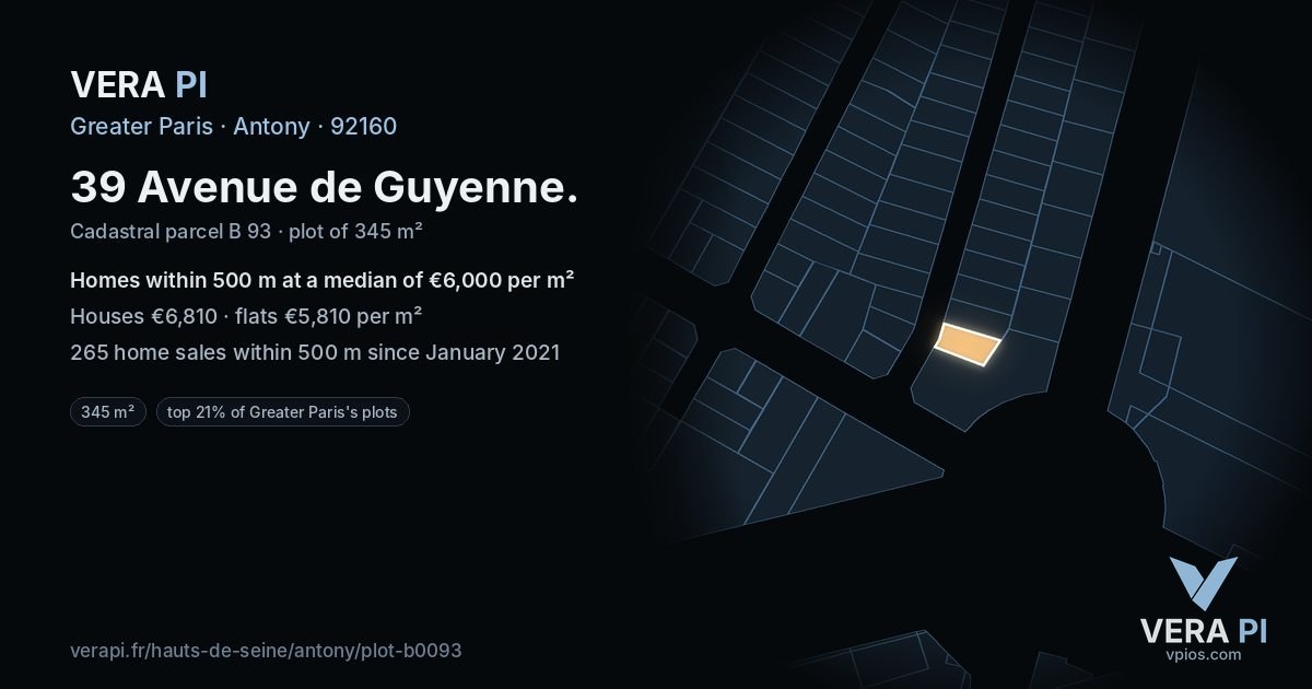 39 Avenue de Guyenne, Antony at night – the plot lit, the parcels around coloured by the prices near them