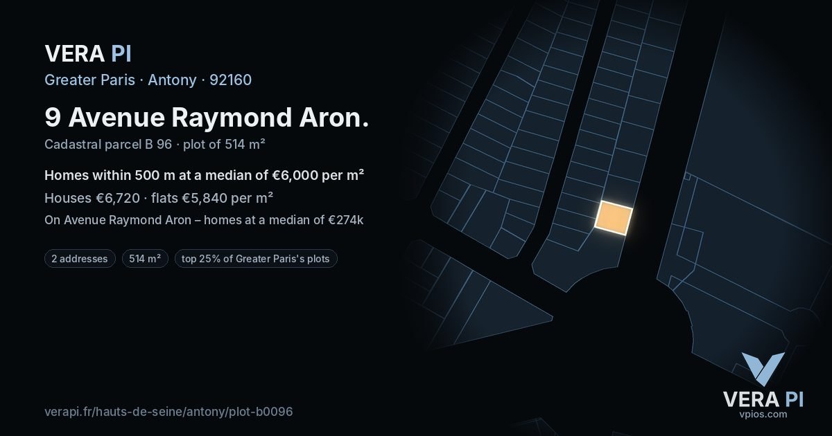 9 Avenue Raymond Aron, Antony at night – the plot lit, the parcels around coloured by the prices near them