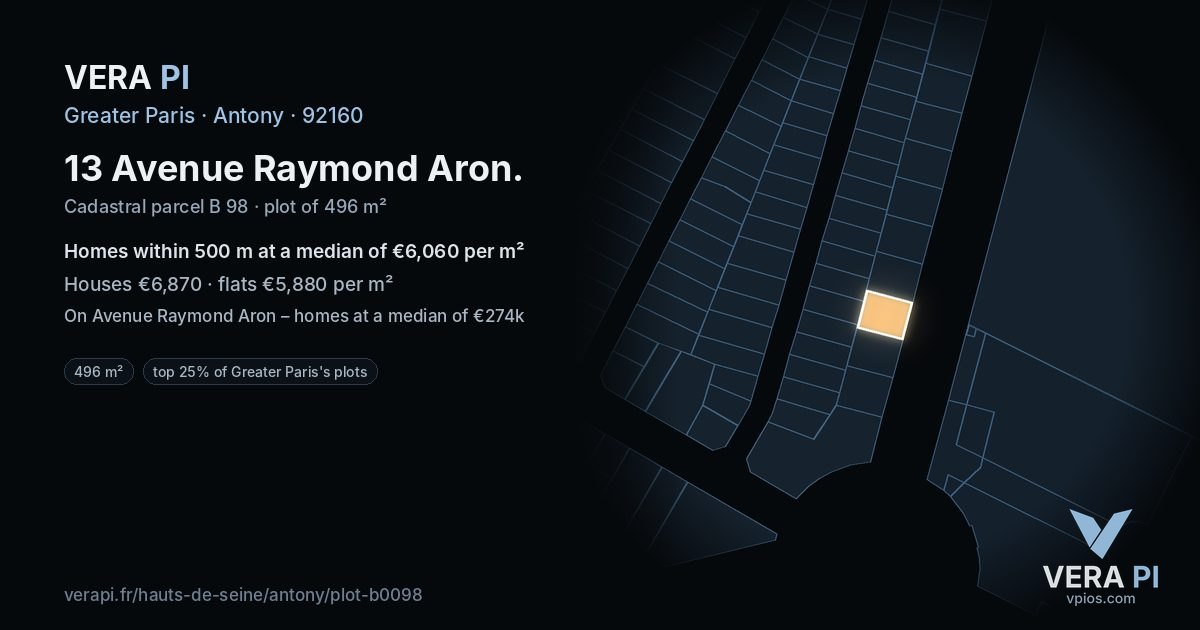 13 Avenue Raymond Aron, Antony at night – the plot lit, the parcels around coloured by the prices near them
