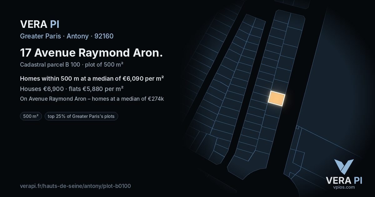 17 Avenue Raymond Aron, Antony at night – the plot lit, the parcels around coloured by the prices near them