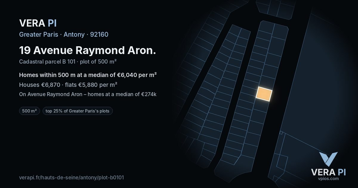 19 Avenue Raymond Aron, Antony at night – the plot lit, the parcels around coloured by the prices near them