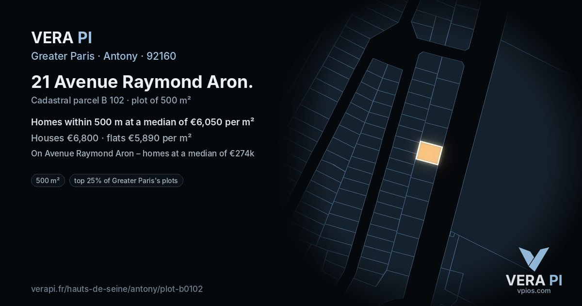 21 Avenue Raymond Aron, Antony at night – the plot lit, the parcels around coloured by the prices near them