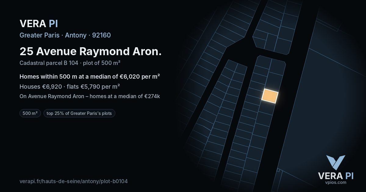 25 Avenue Raymond Aron, Antony at night – the plot lit, the parcels around coloured by the prices near them
