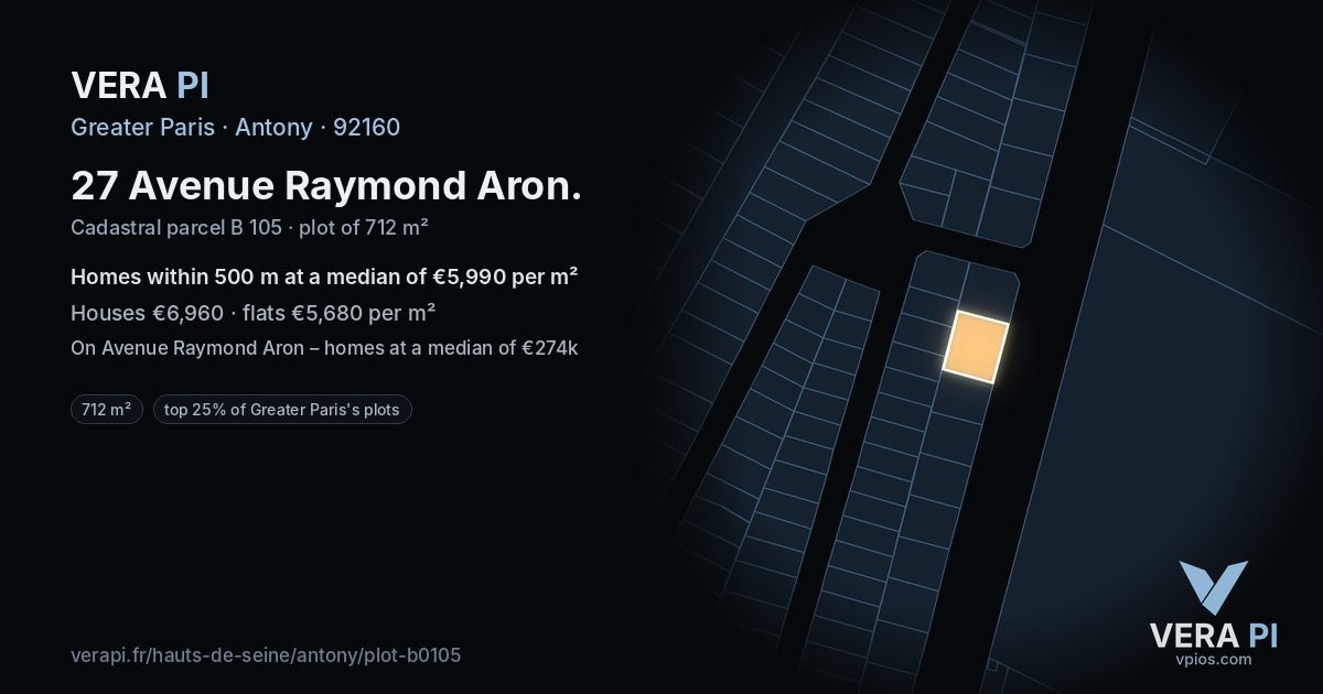 27 Avenue Raymond Aron, Antony at night – the plot lit, the parcels around coloured by the prices near them