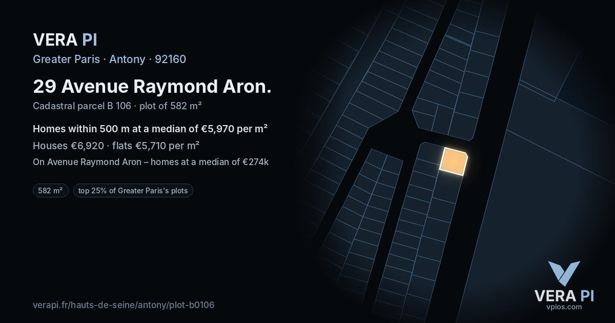 29 Avenue Raymond Aron, Antony at night – the plot lit, the parcels around coloured by the prices near them