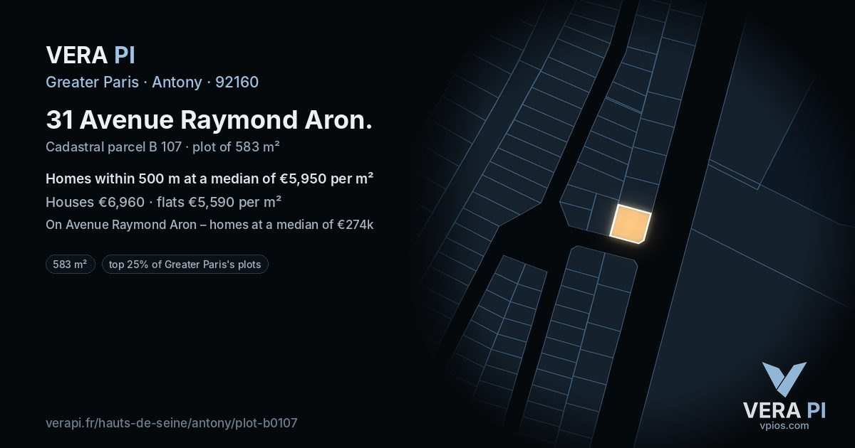 31 Avenue Raymond Aron, Antony at night – the plot lit, the parcels around coloured by the prices near them