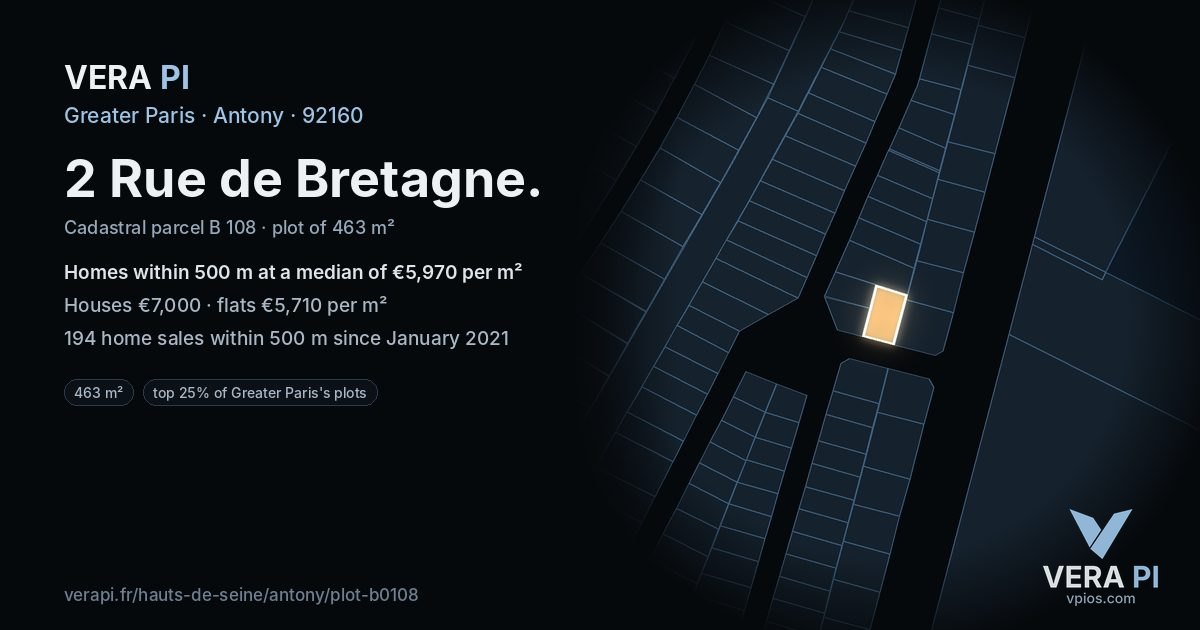 2 Rue de Bretagne, Antony at night – the plot lit, the parcels around coloured by the prices near them