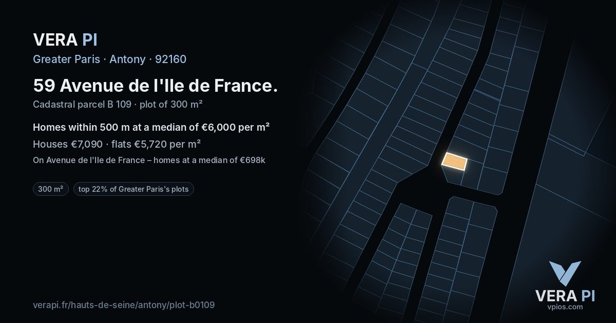 59 Avenue de l'Ile de France, Antony at night – the plot lit, the parcels around coloured by the prices near them