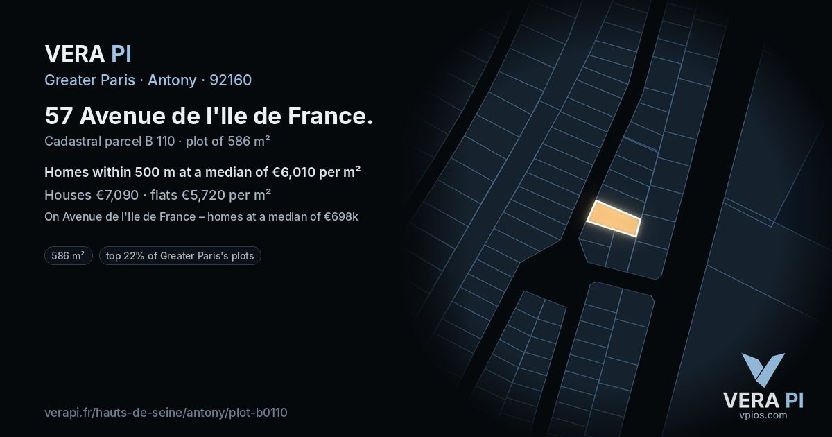 57 Avenue de l'Ile de France, Antony at night – the plot lit, the parcels around coloured by the prices near them