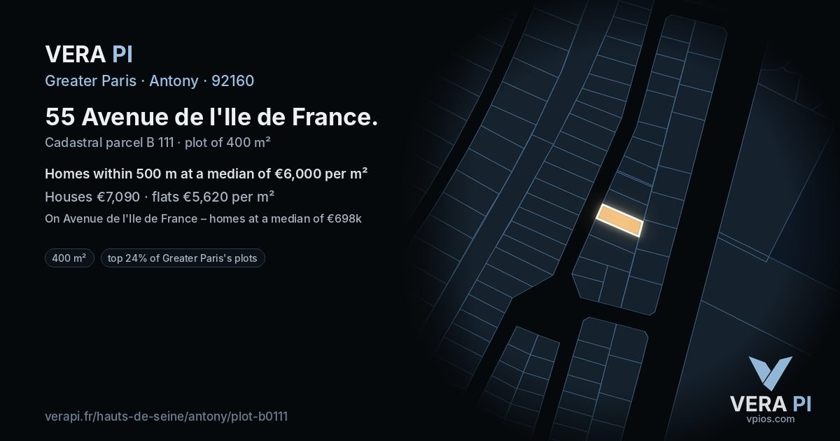55 Avenue de l'Ile de France, Antony at night – the plot lit, the parcels around coloured by the prices near them