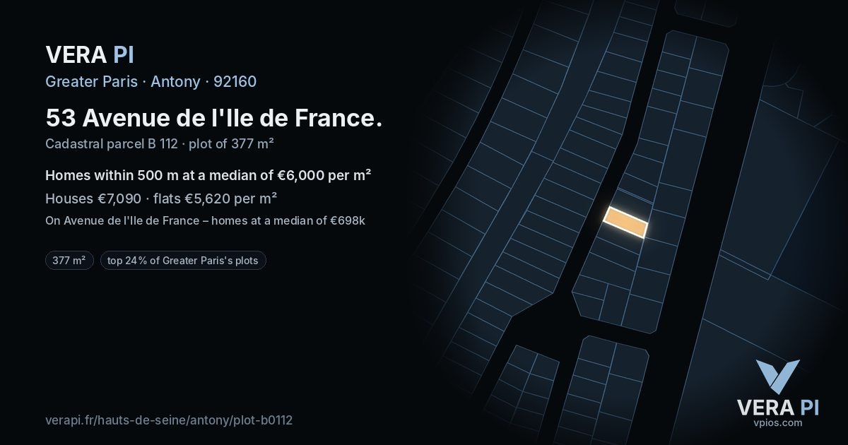 53 Avenue de l'Ile de France, Antony at night – the plot lit, the parcels around coloured by the prices near them