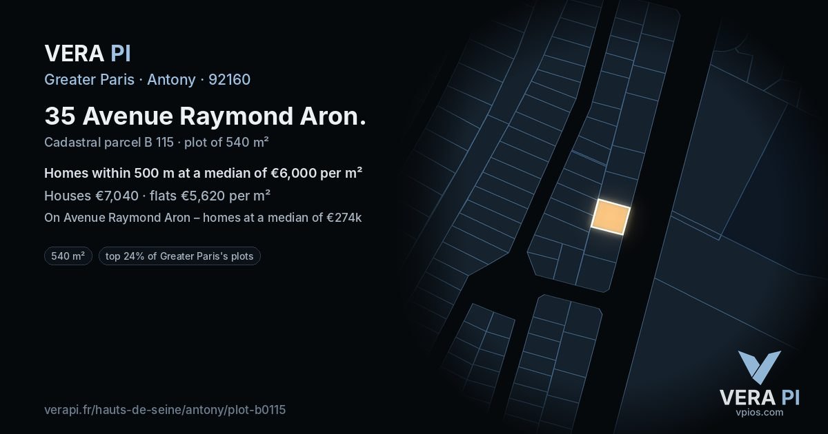 35 Avenue Raymond Aron, Antony at night – the plot lit, the parcels around coloured by the prices near them