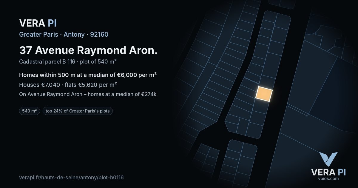 37 Avenue Raymond Aron, Antony at night – the plot lit, the parcels around coloured by the prices near them