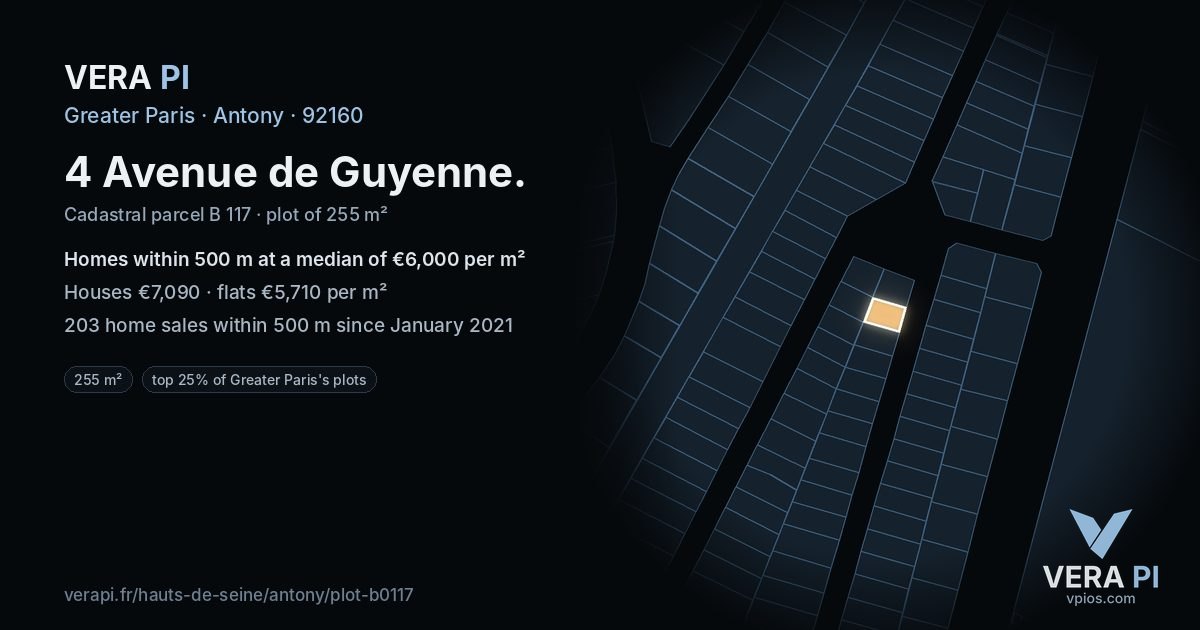 4 Avenue de Guyenne, Antony at night – the plot lit, the parcels around coloured by the prices near them