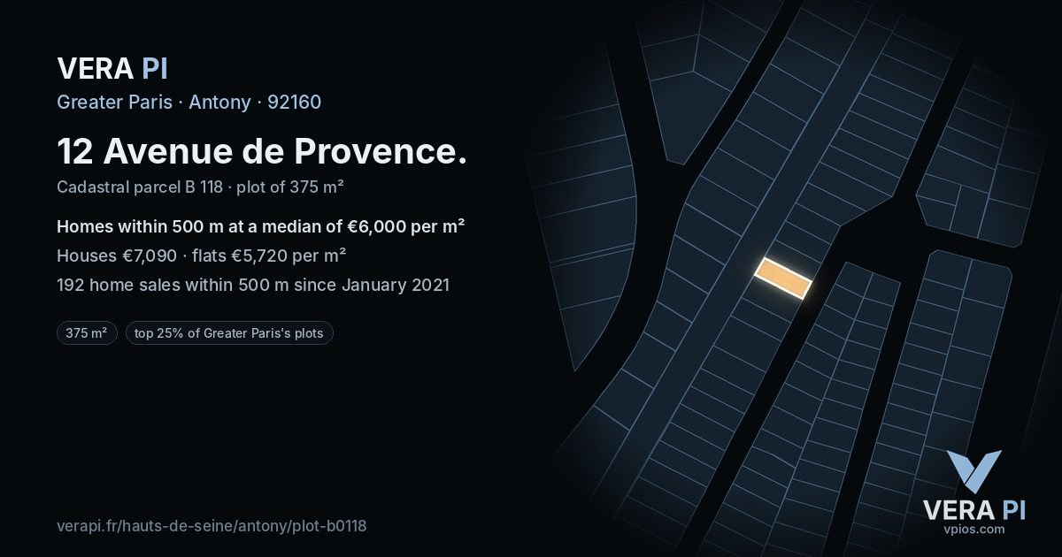 12 Avenue de Provence, Antony at night – the plot lit, the parcels around coloured by the prices near them