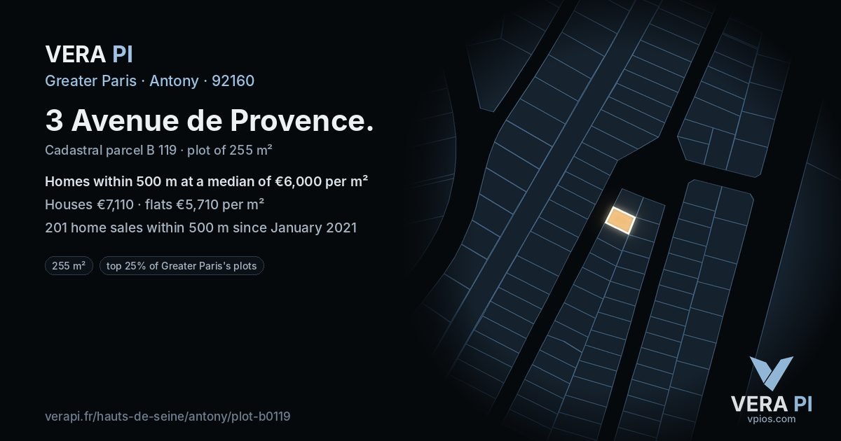 3 Avenue de Provence, Antony at night – the plot lit, the parcels around coloured by the prices near them